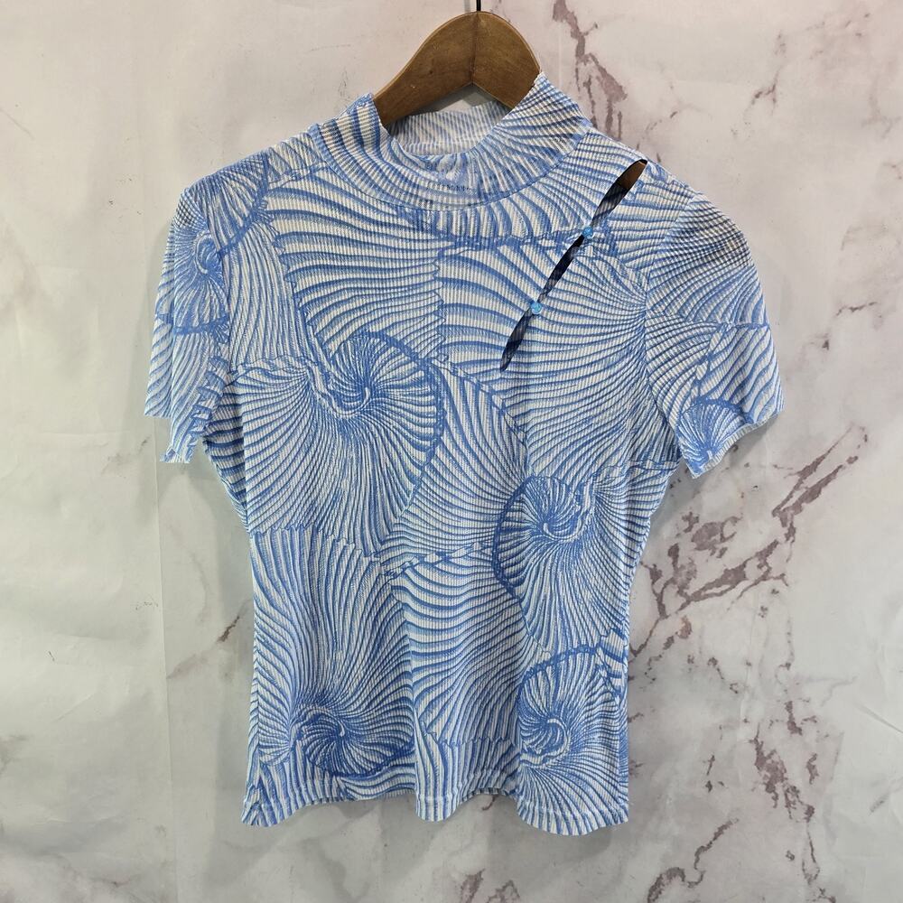 Anthropologie Shirt Womens Medium Blue Blouse Short Sleeve Shell Nautilus Marine